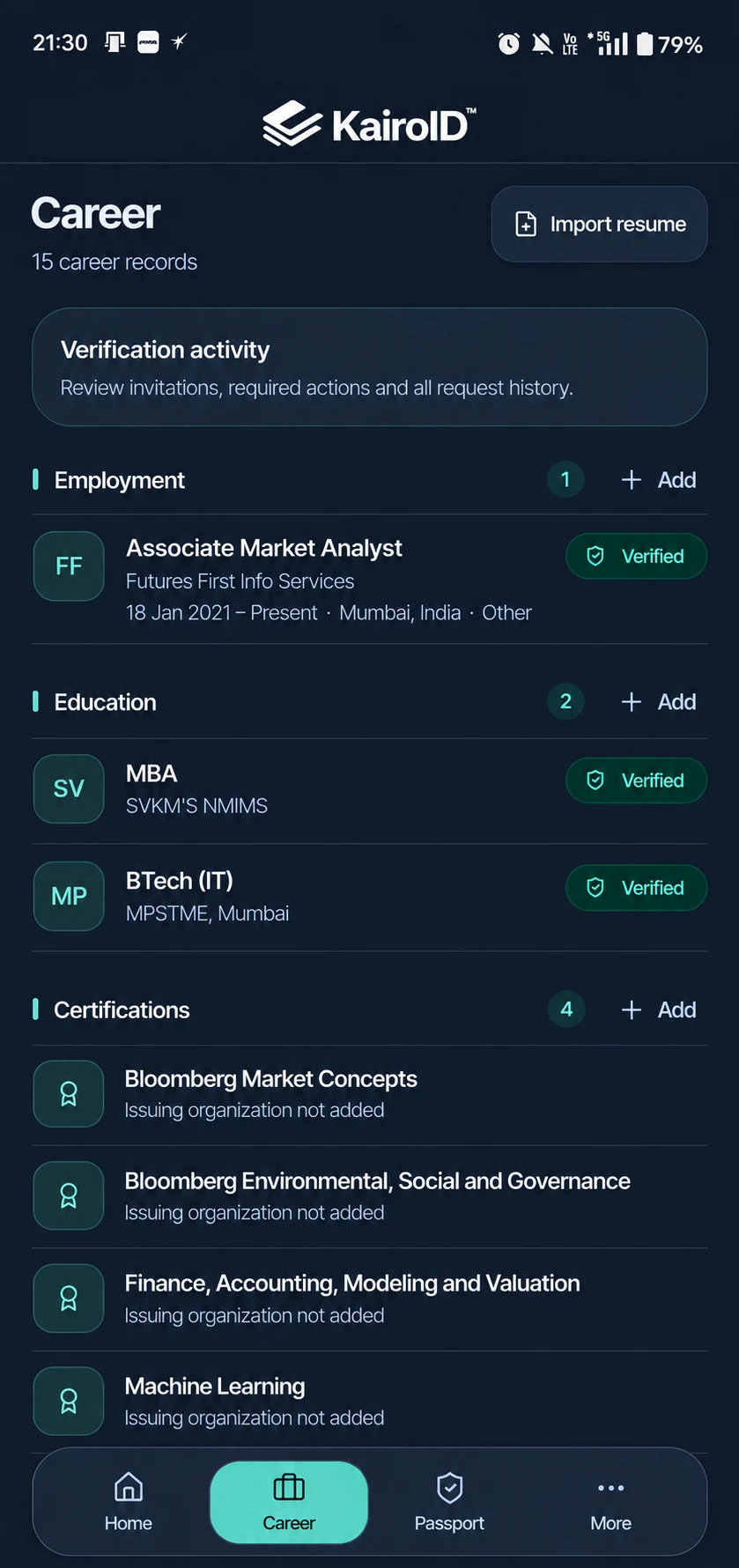 KairoID Career screen with verified employment, education and certifications