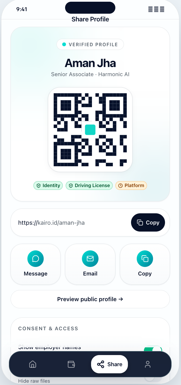 Share verified Kairo profile via QR code