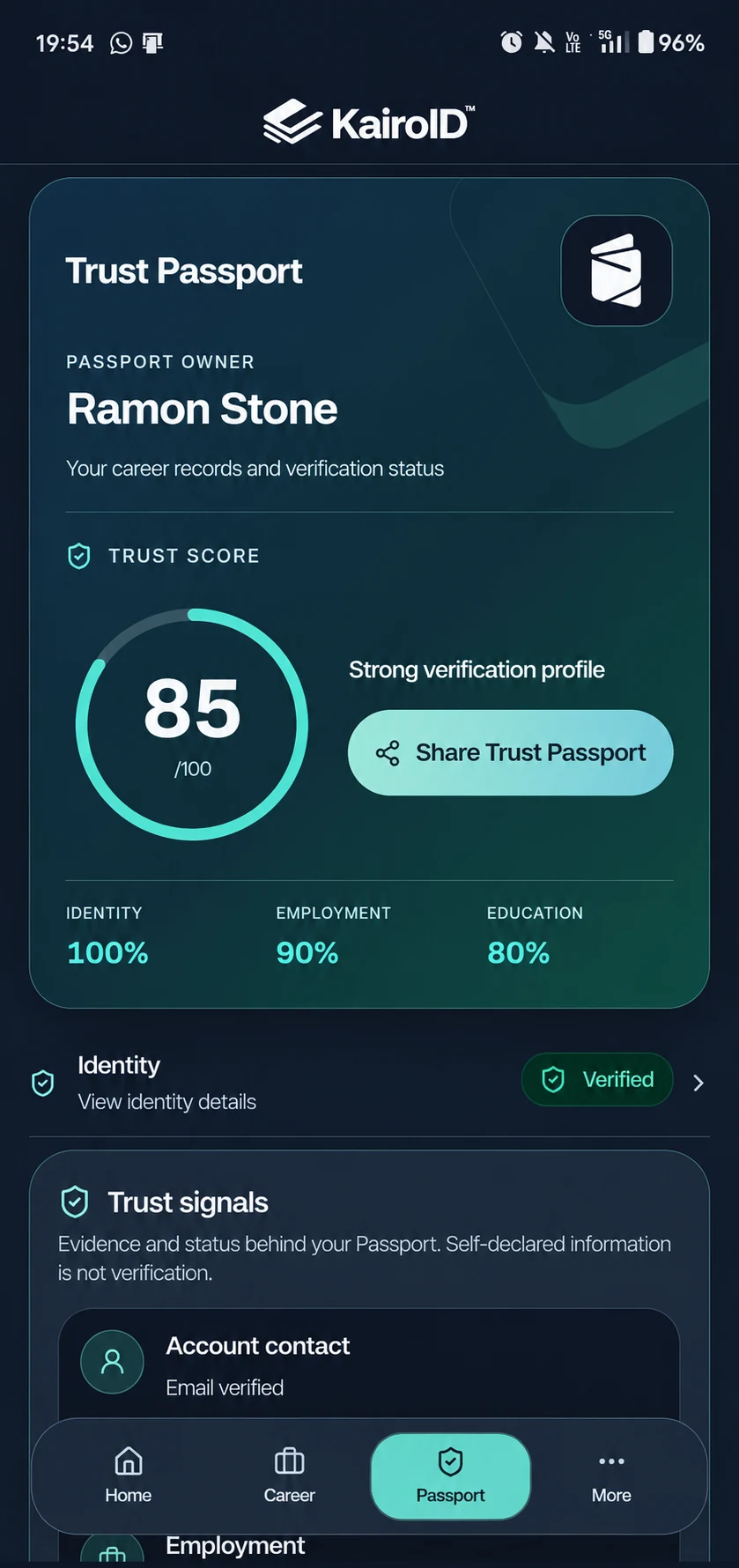 KairoID Trust Passport with Trust Score and verification breakdown