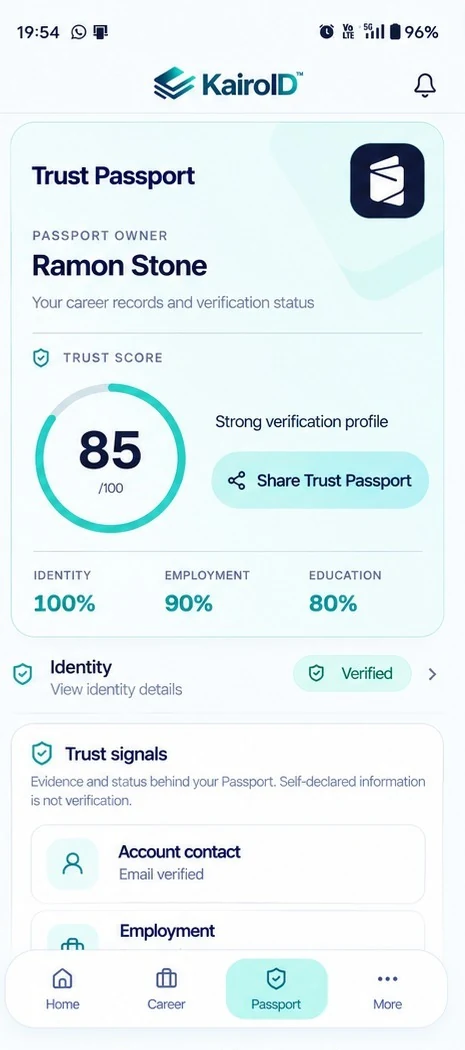 KairoID Trust Passport with Share Trust Passport action